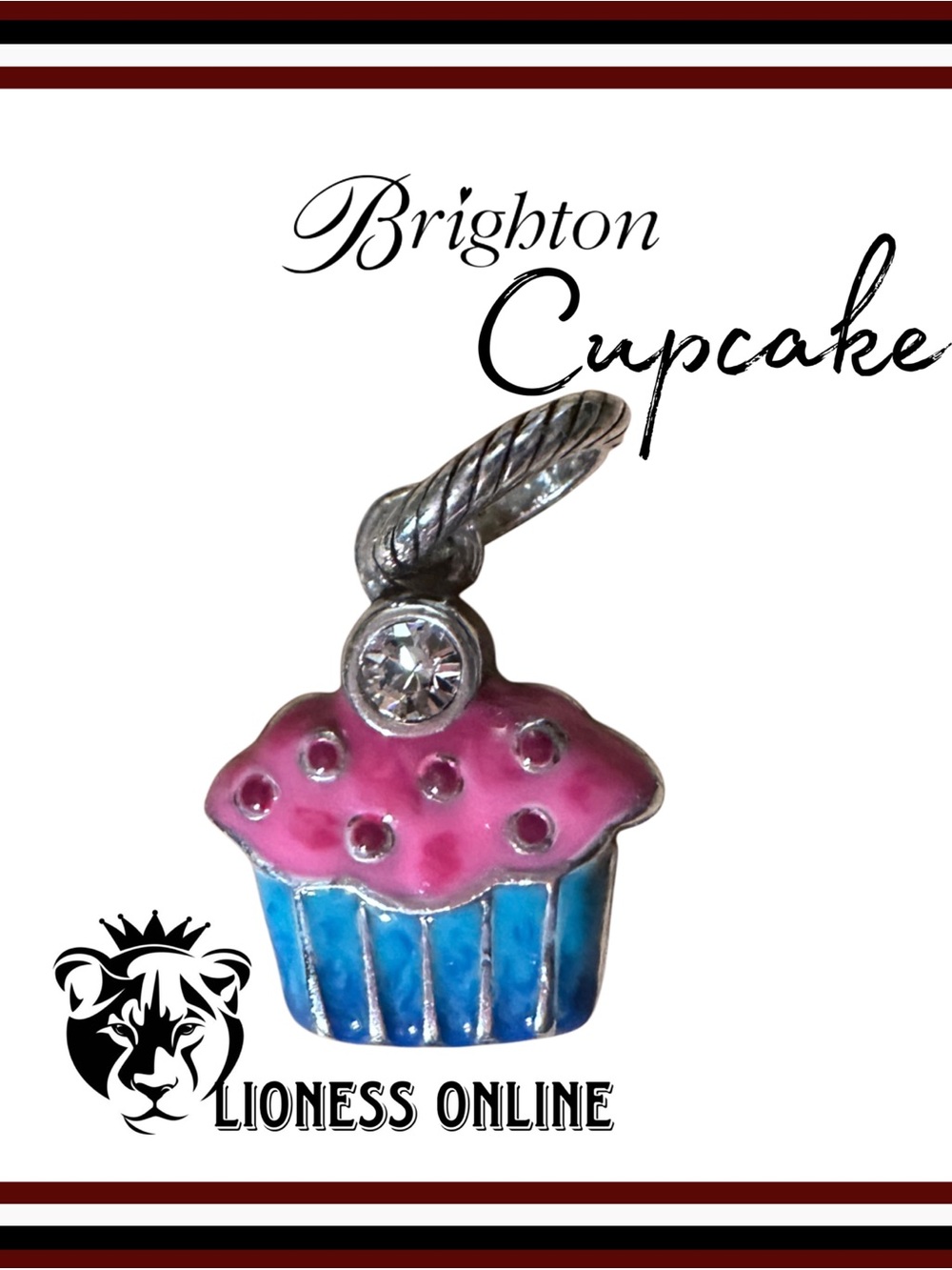 Retired Design! Brighton Pink and Blue Cupcake Charm w/Enamel & Crystal - Cute!
